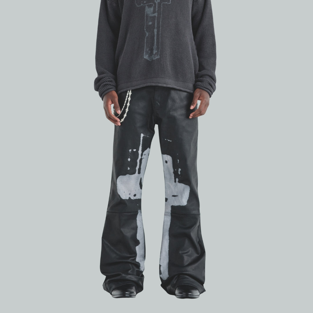 ACT 1 CROSS LEATHER FLARE JEAN - BLACK