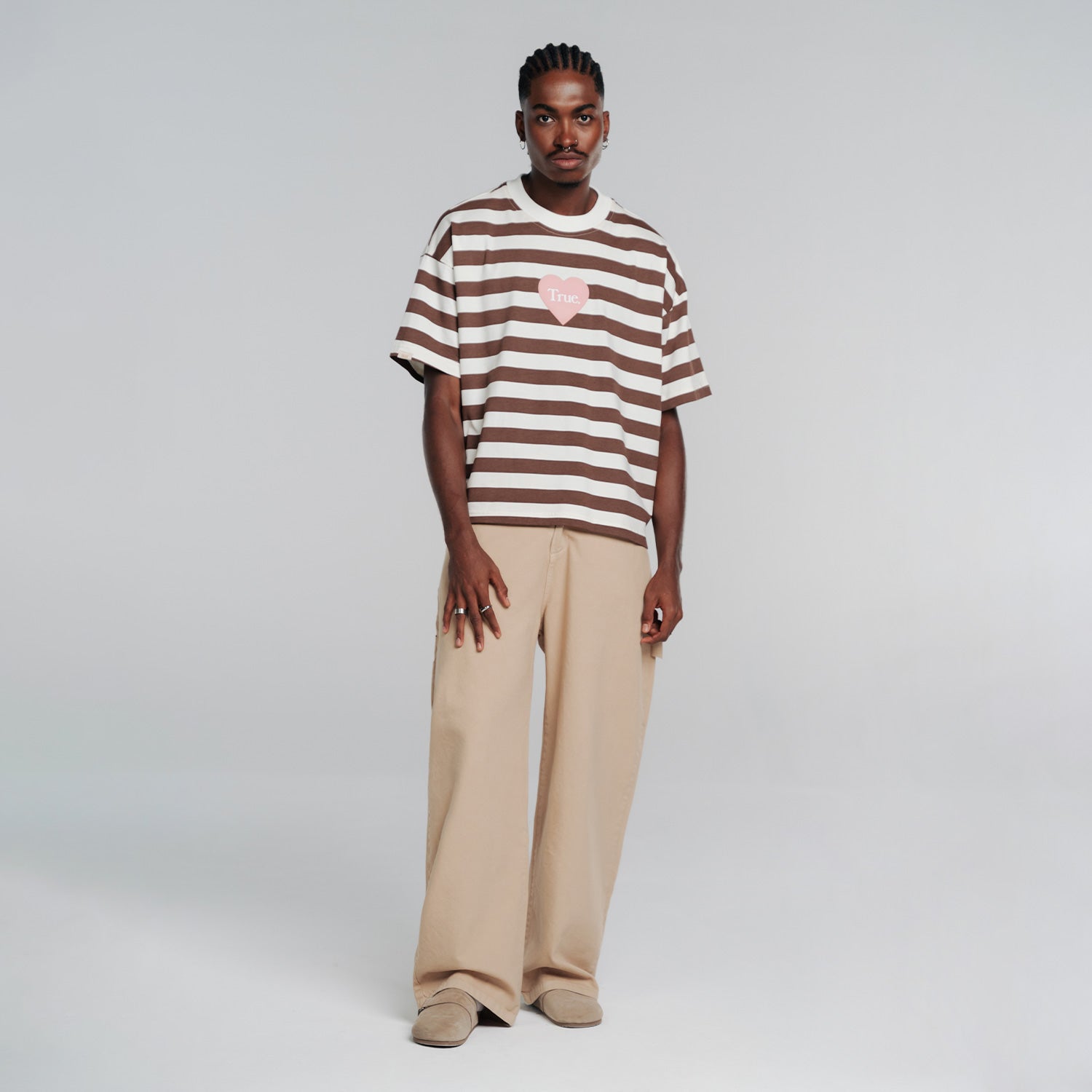 STRIPED BOXY-FIT T-SHIRT - BROWN