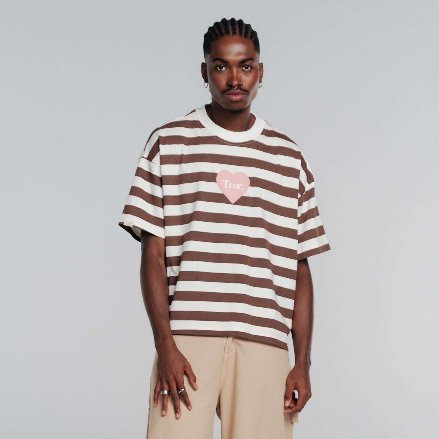 STRIPED BOXY-FIT T-SHIRT - BROWN