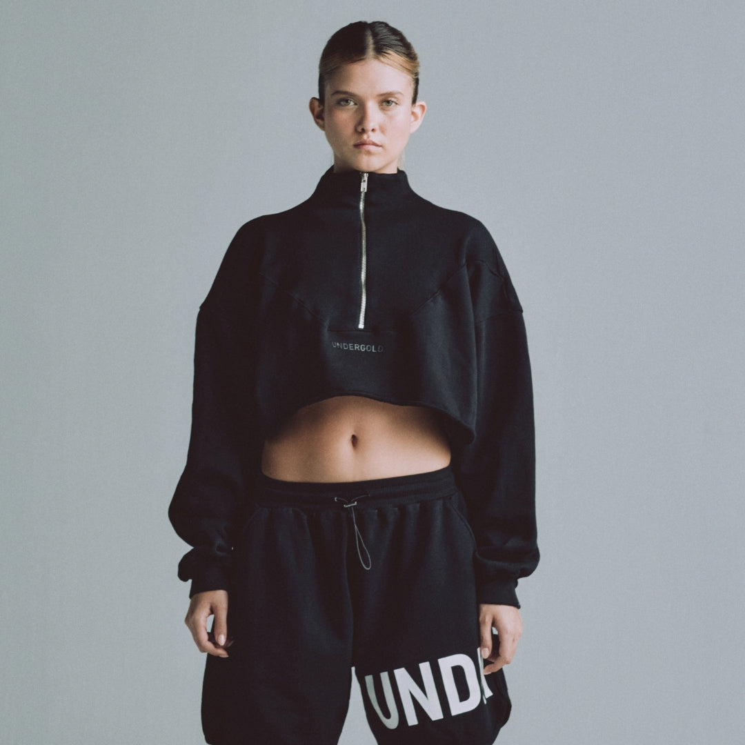 LINE LOGO CROPPED ZIP UP CREWNECK - BLACK