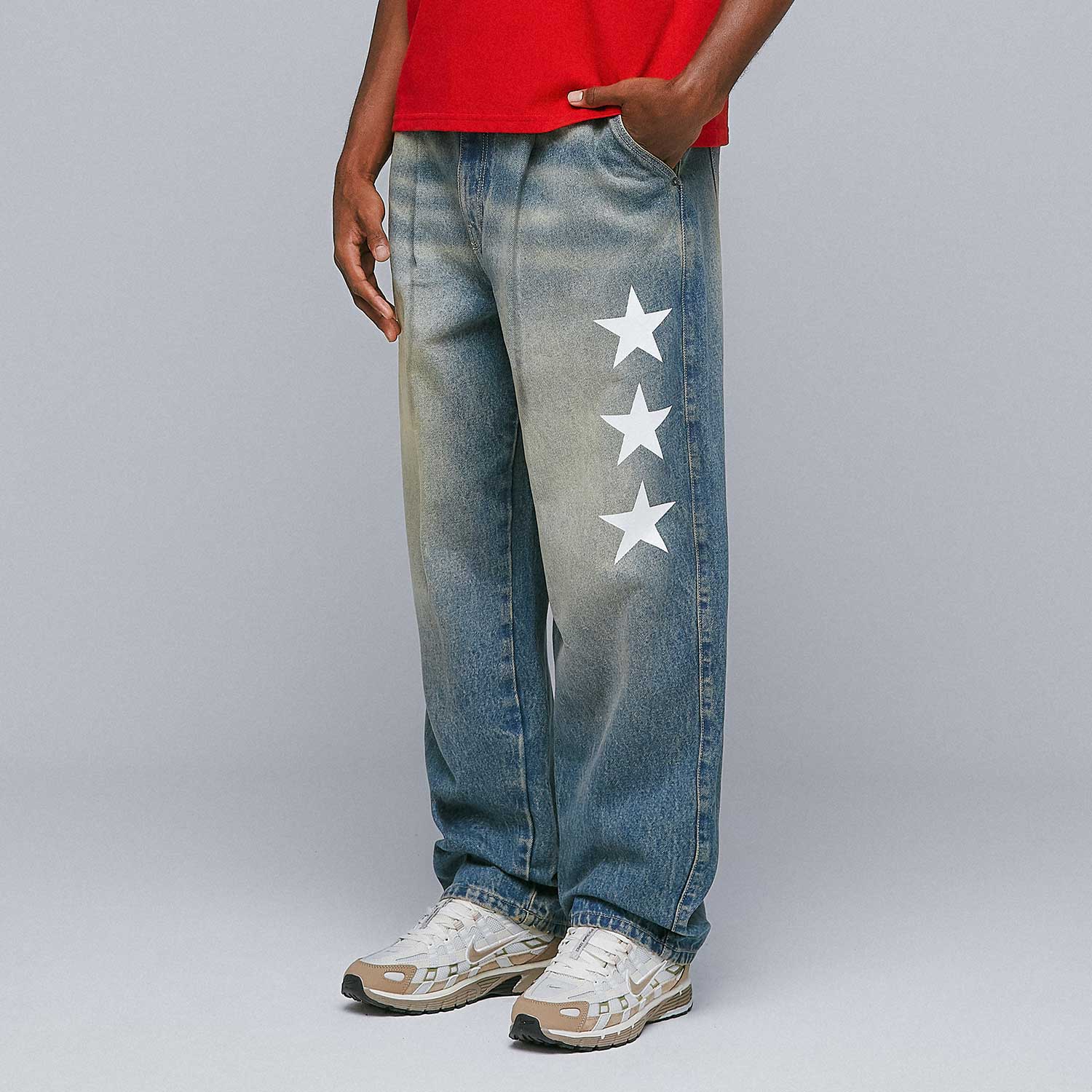 LOUNGE PRINTED DENIM PANTS - BLUE