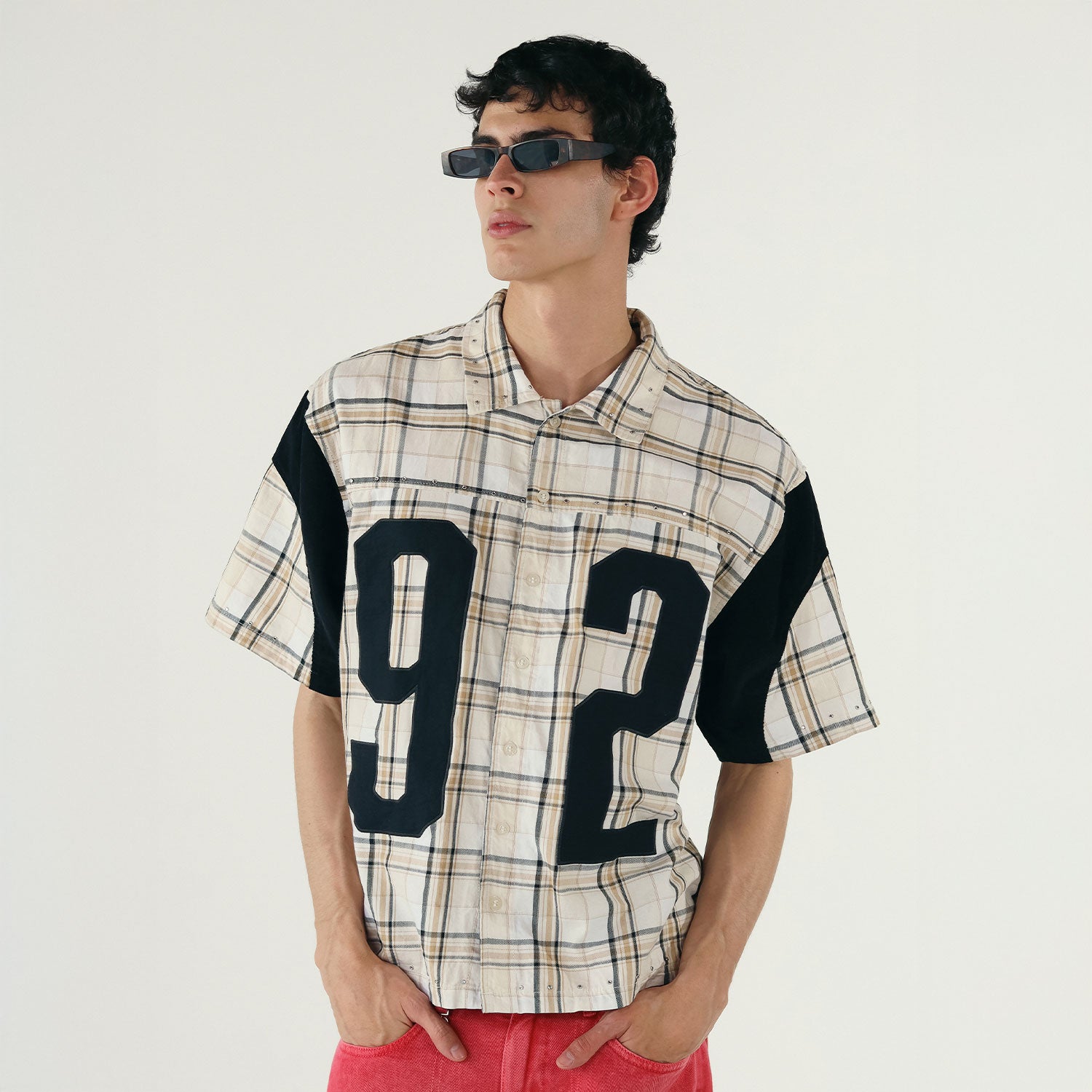 PLAID BUTTON-UP JERSEY - CREAM