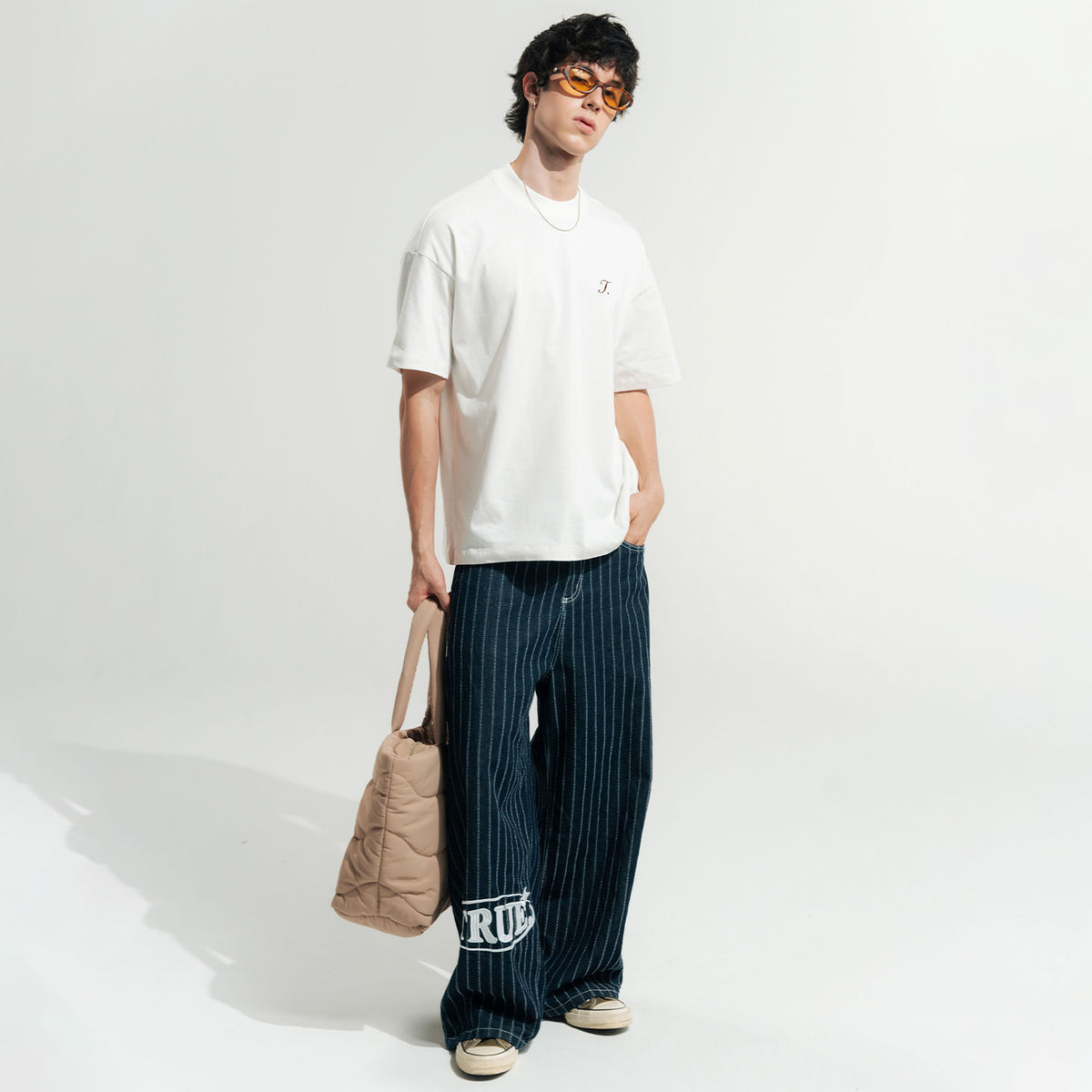 PINSTRIPE MID-RISE JEANS - BLUE