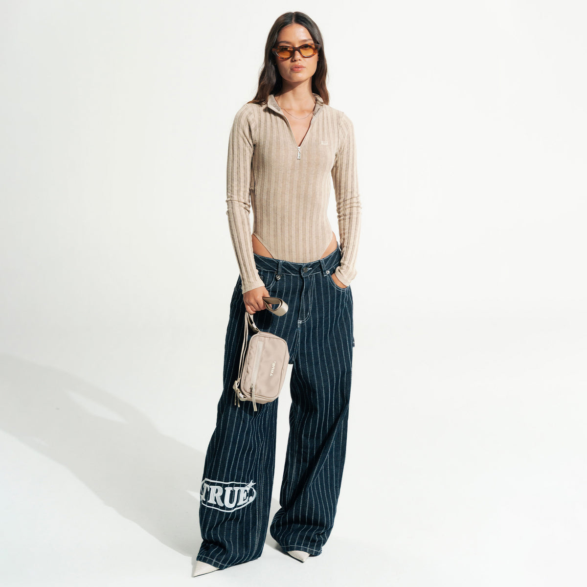 PINSTRIPE MID-RISE JEANS - BLUE
