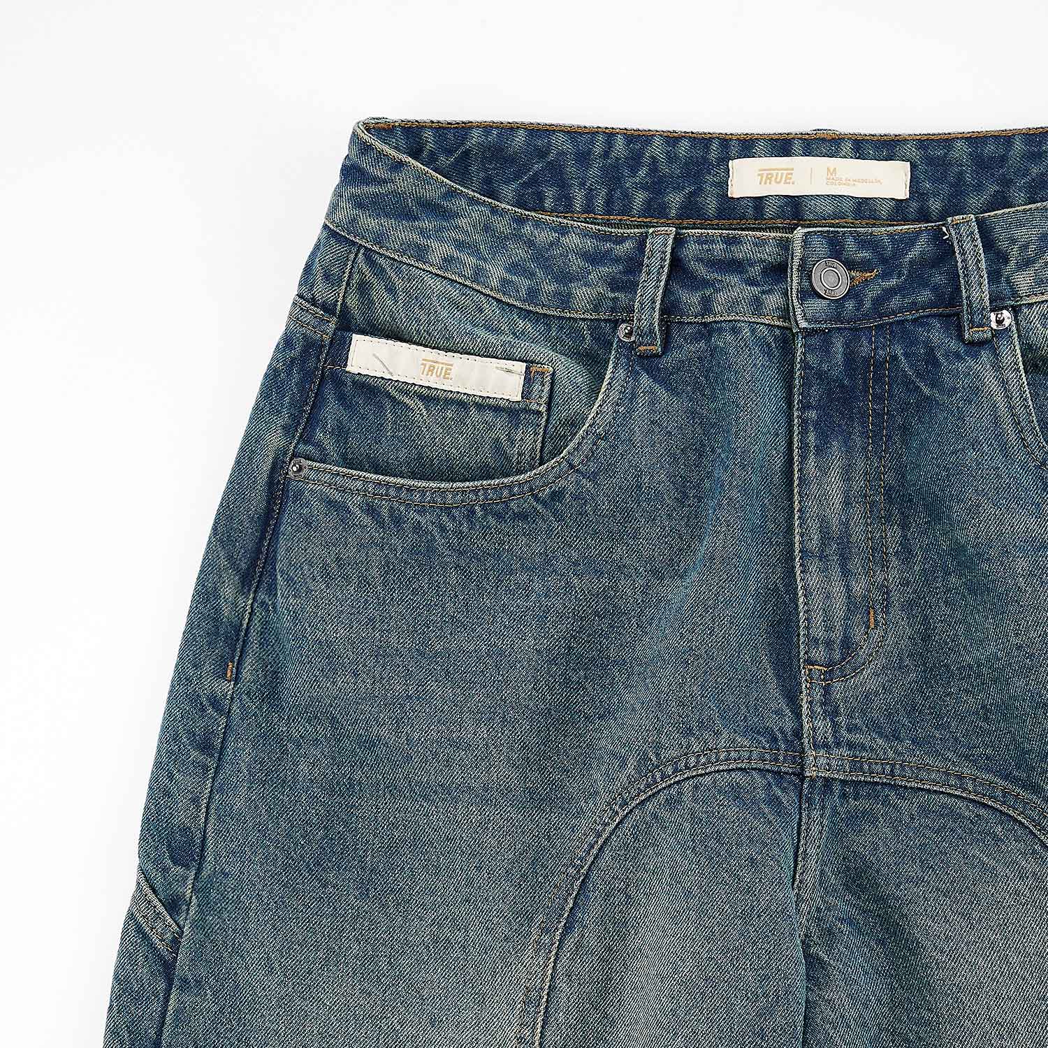 SLASHED DENIM JORTS - BLUE