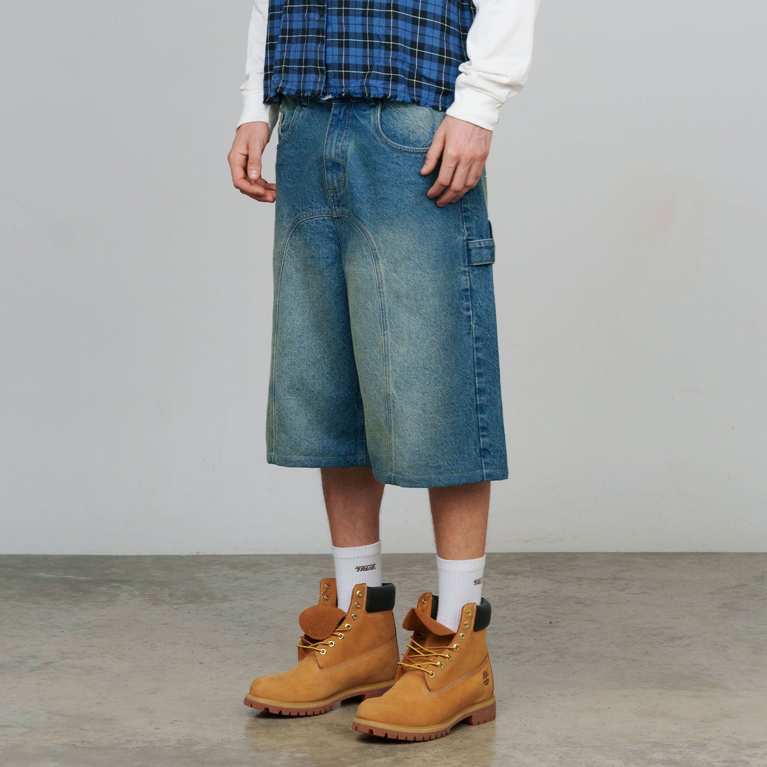 SLASHED DENIM JORTS - BLUE