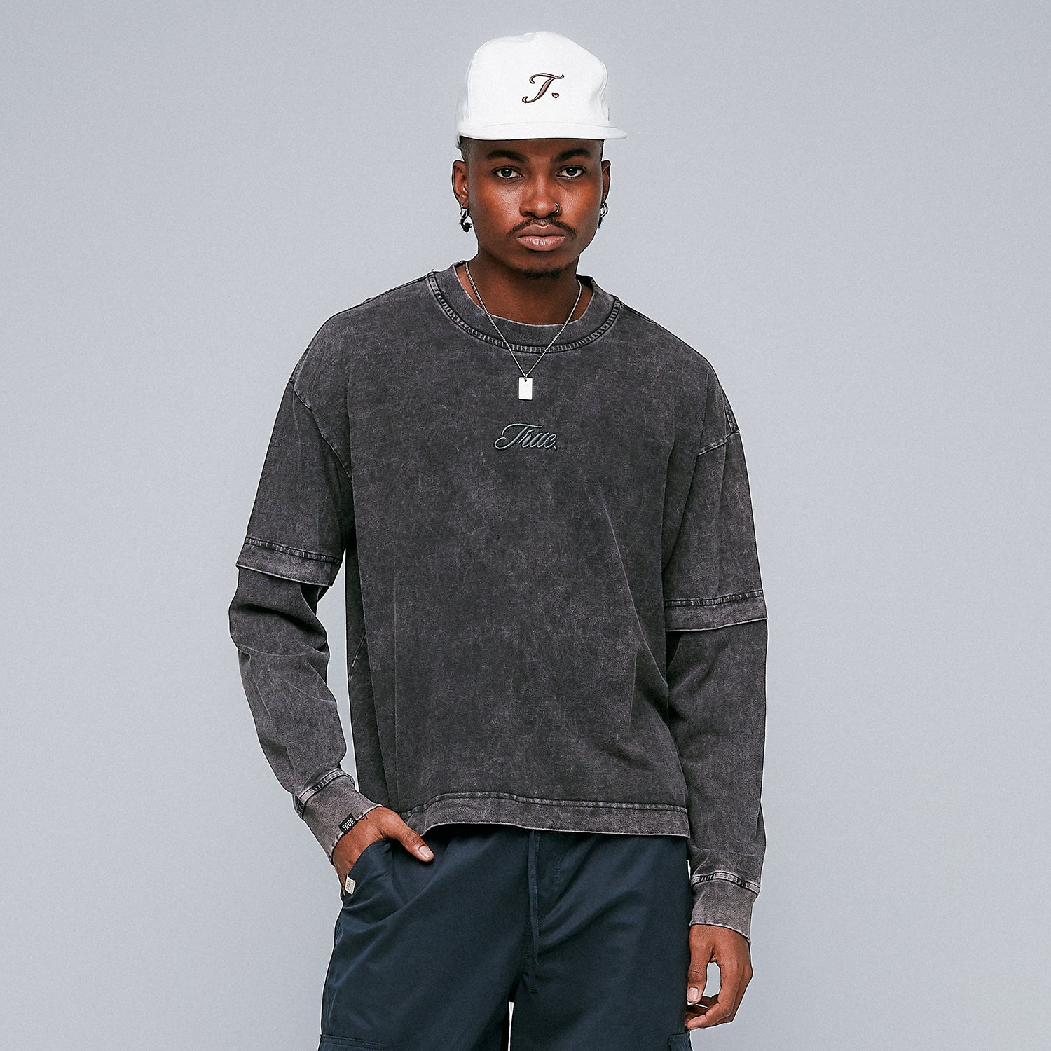 WASHED DOUBLE SLEEVE TEE - BLACK