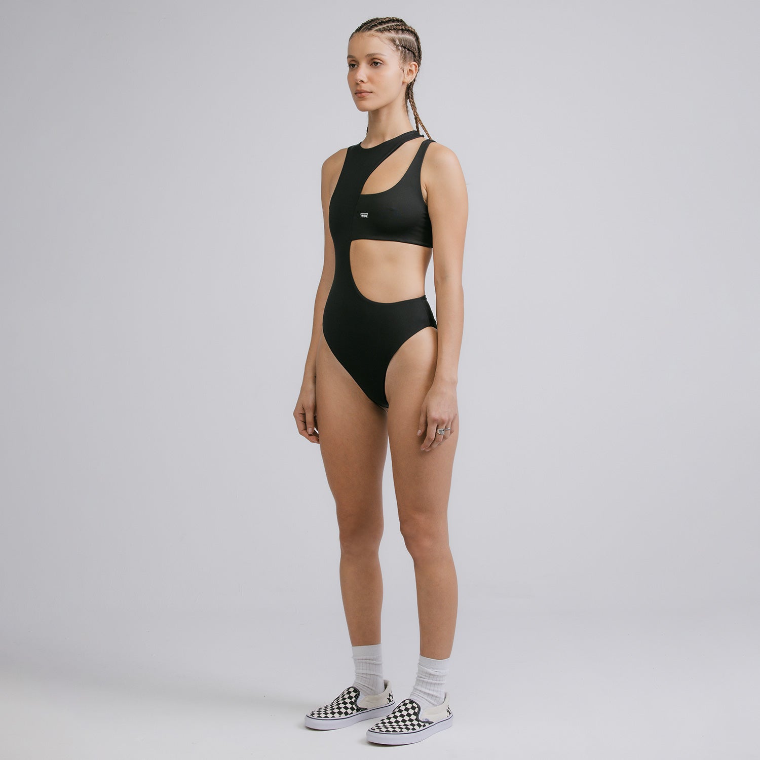 TRUE LOGO ASYMMETRIC BODYSUIT - BLACK