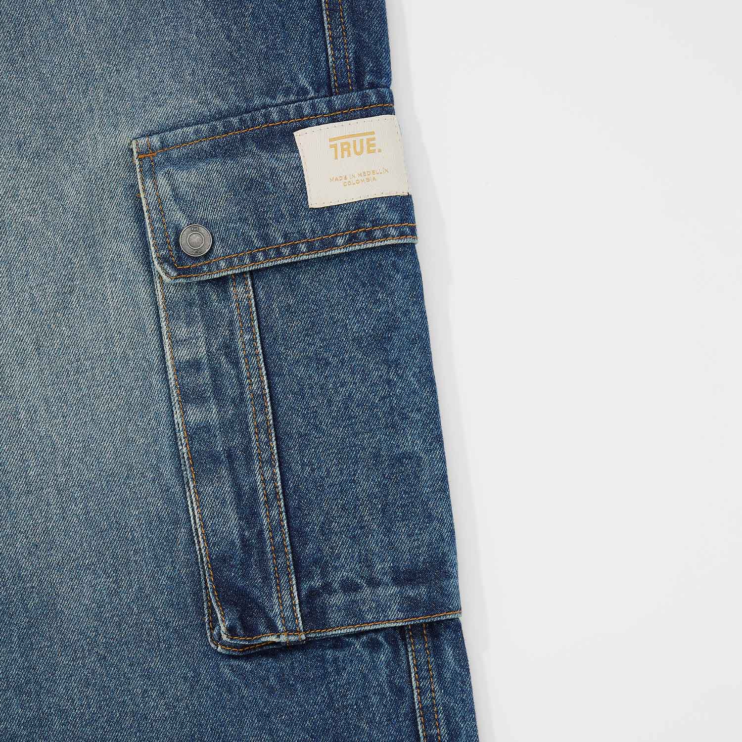 CARGO MULTI-POCKET DENIM PANTS - DEEP BLUE