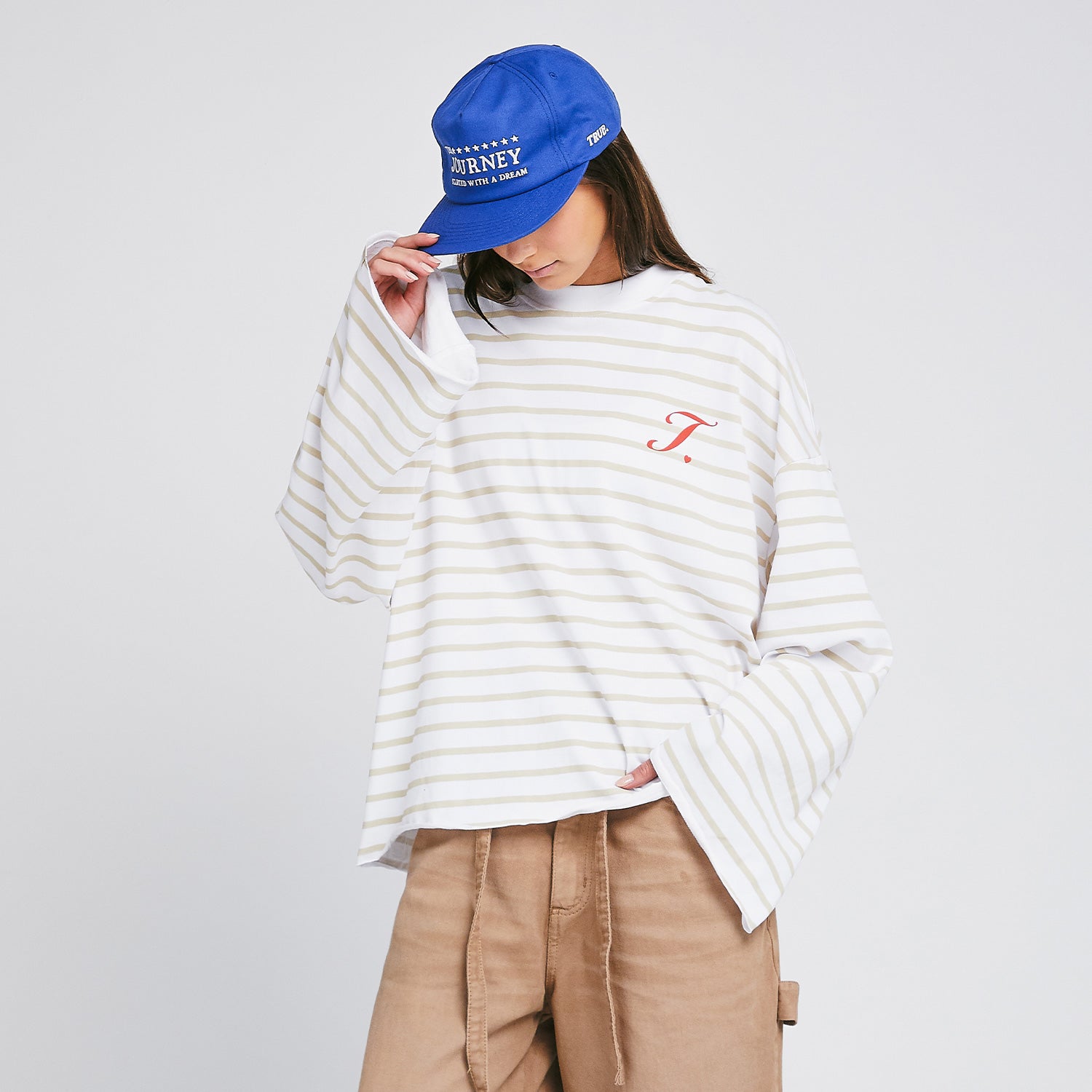 CREATIVE STRIPED WIDE LS T-SHIRT - SAND