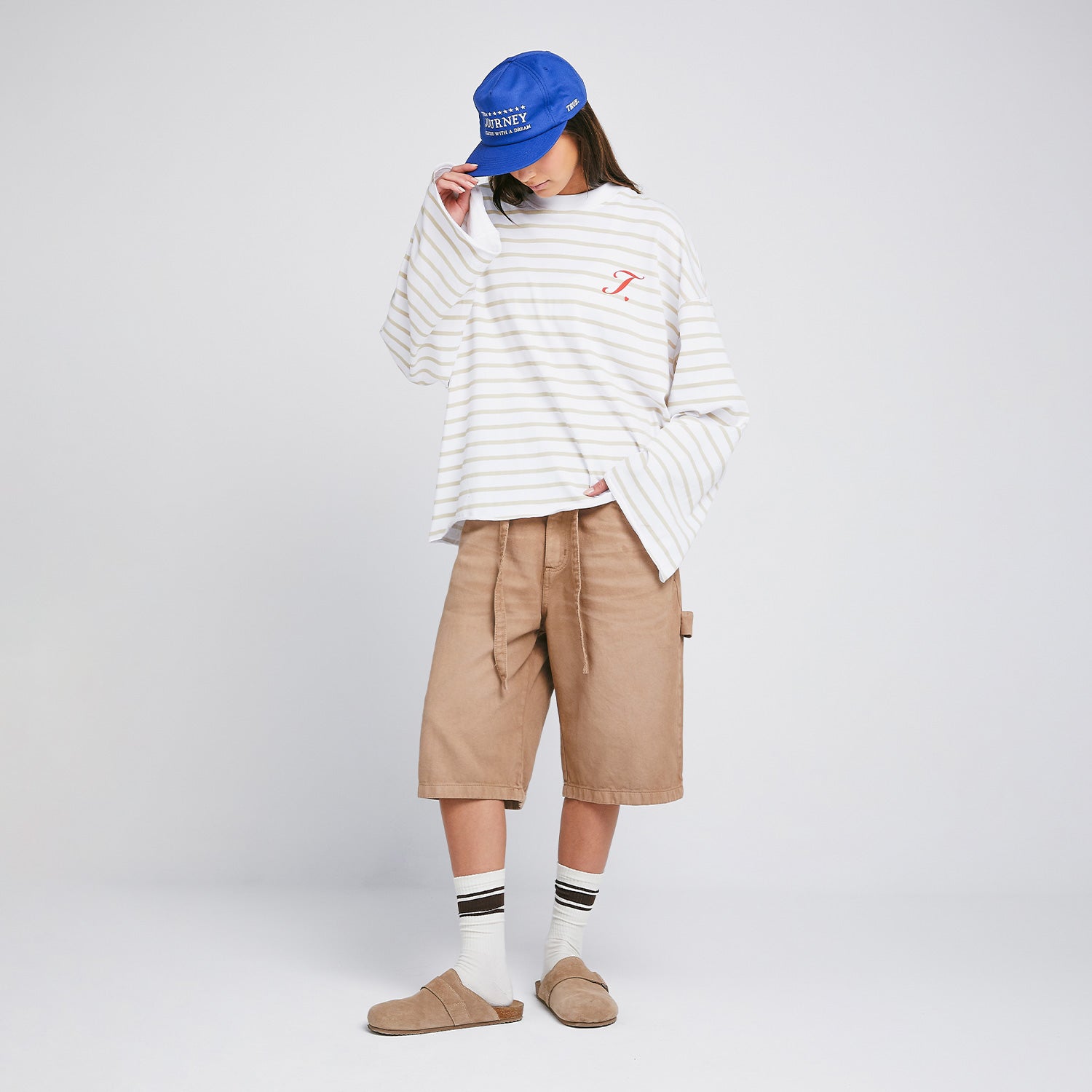 CREATIVE STRIPED WIDE LS T-SHIRT - SAND