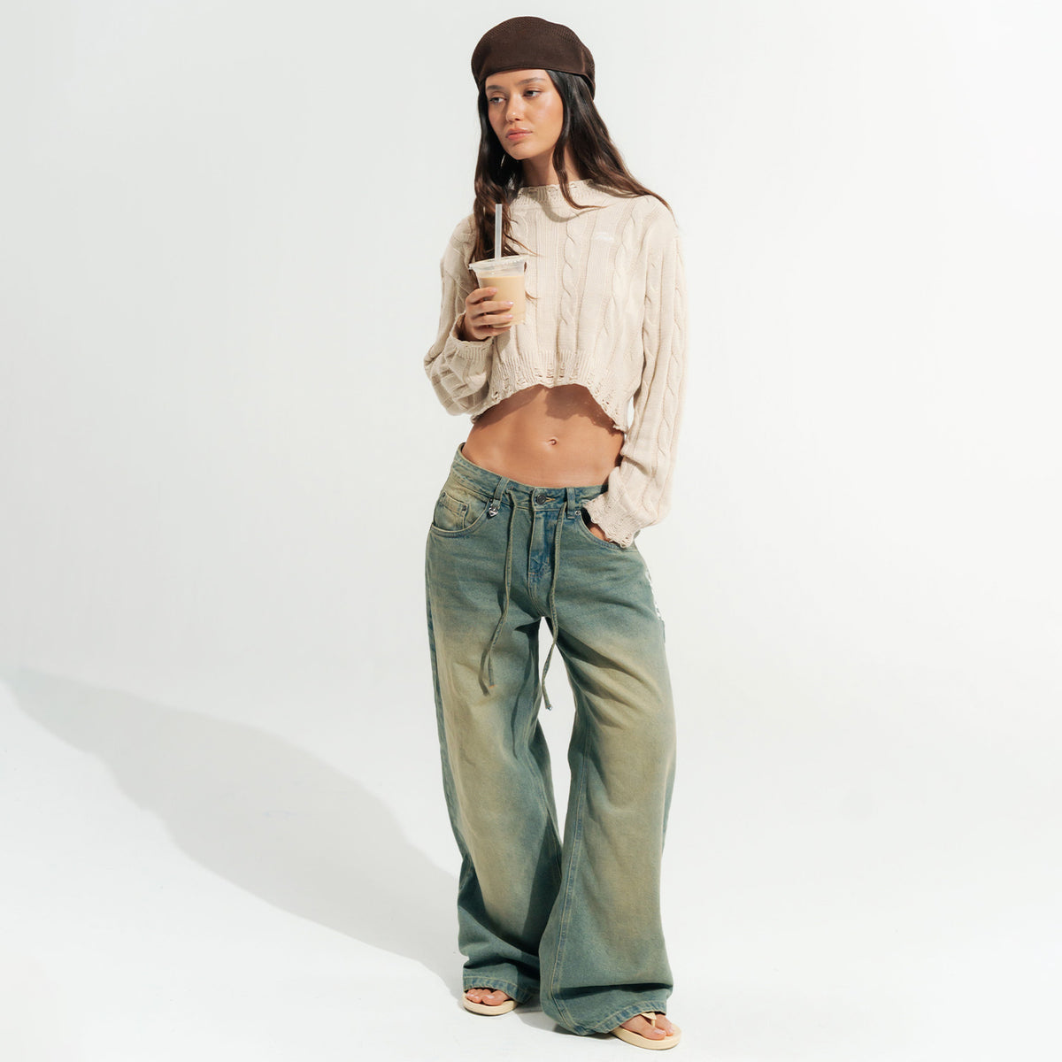 DISTRESSED KNIT CROP SWEATER - CAMEL