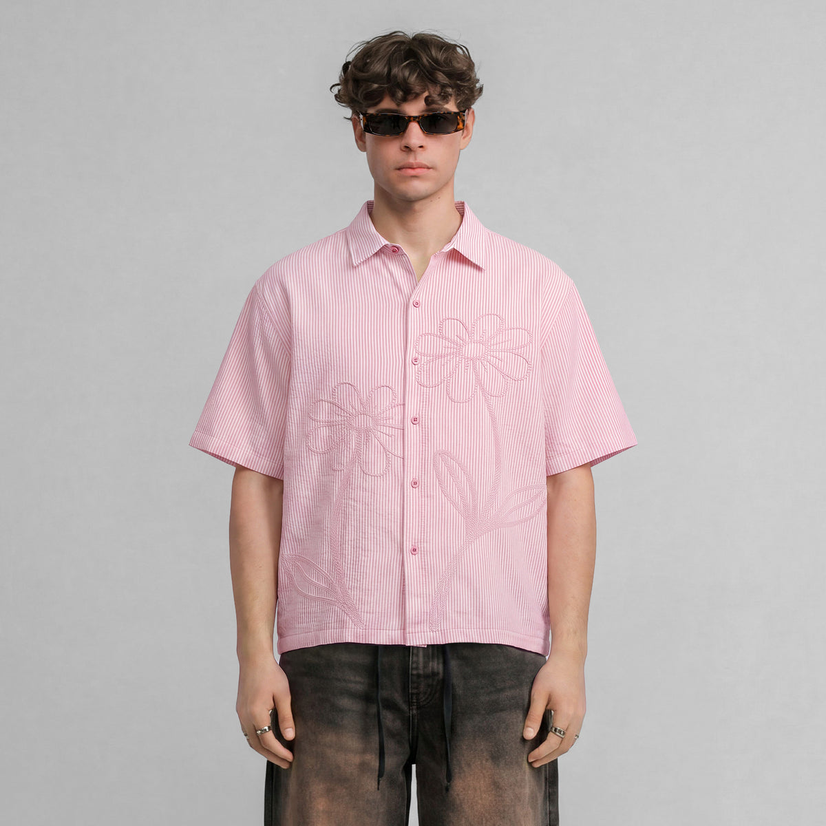 EMBROIDERED FLOWER BOXY SHIRT - PINK