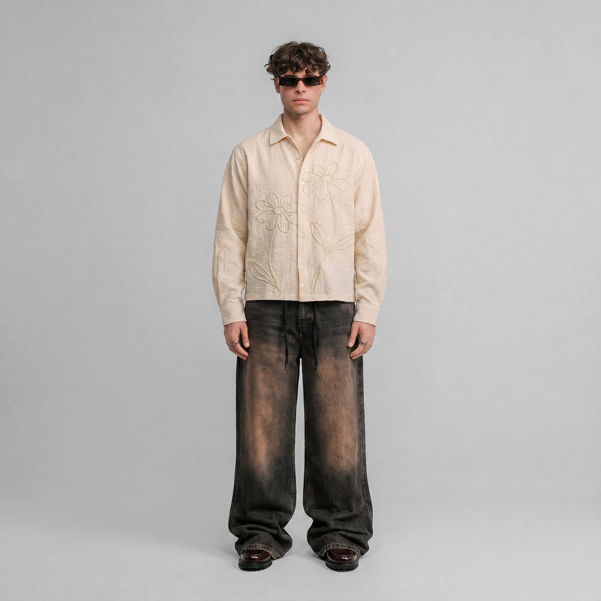 EMBROIDERED LS BOXY SHIRT - SAND