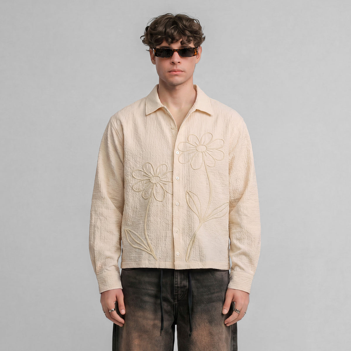 EMBROIDERED LS BOXY SHIRT - SAND