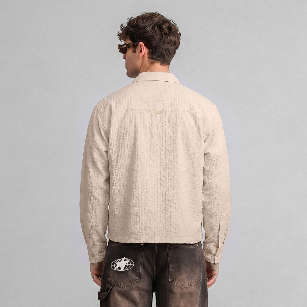 EMBROIDERED LS BOXY SHIRT - SAND