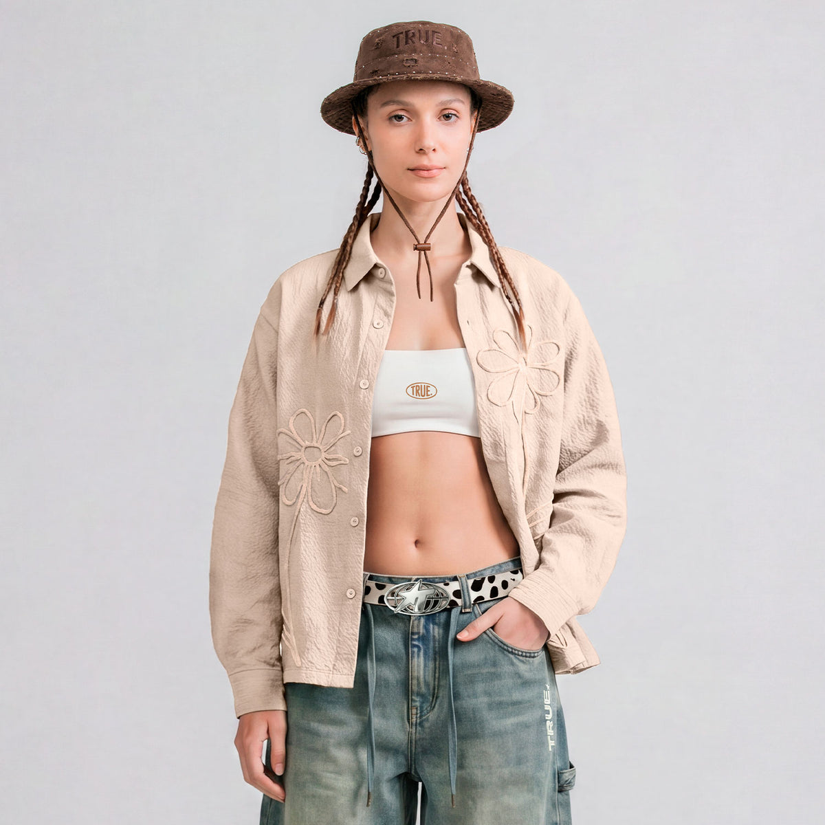 EMBROIDERED LS BOXY SHIRT - SAND