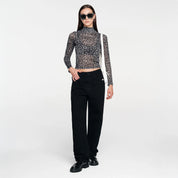 ANIMAL PRINT MESH LS TOP - BLACK