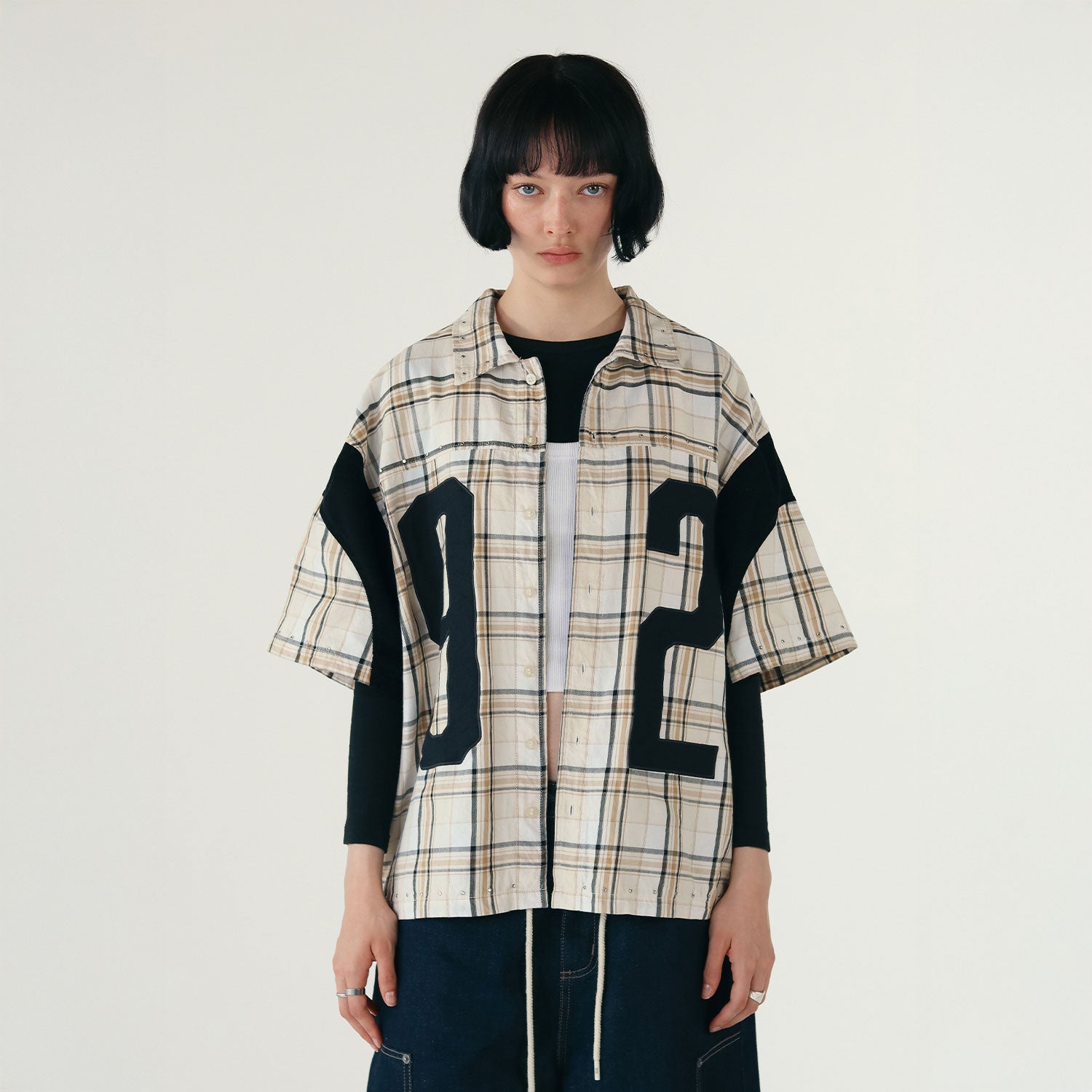 PLAID BUTTON-UP JERSEY - CREAM