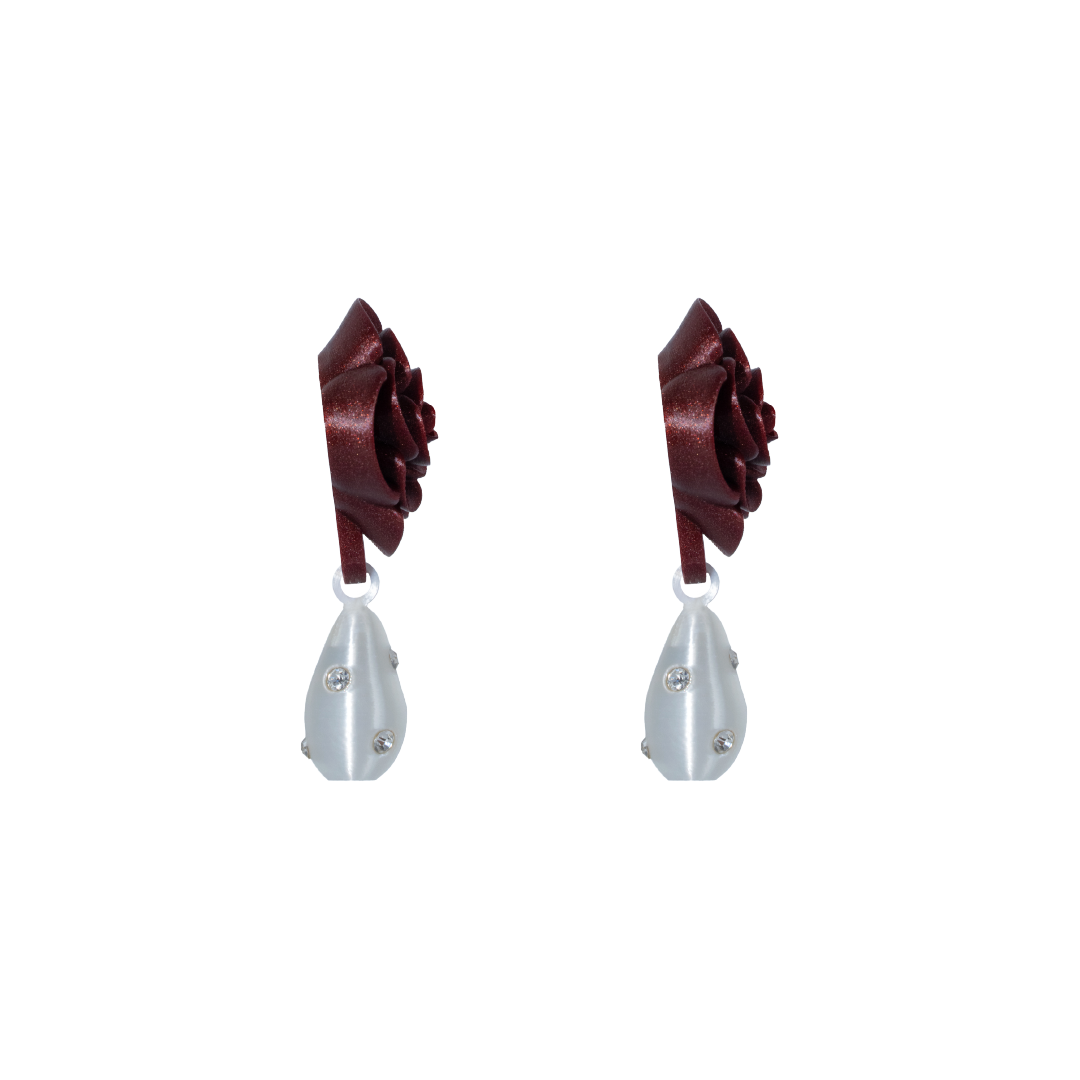 ARETES DE ROSAS CON DIJE DE PERLA