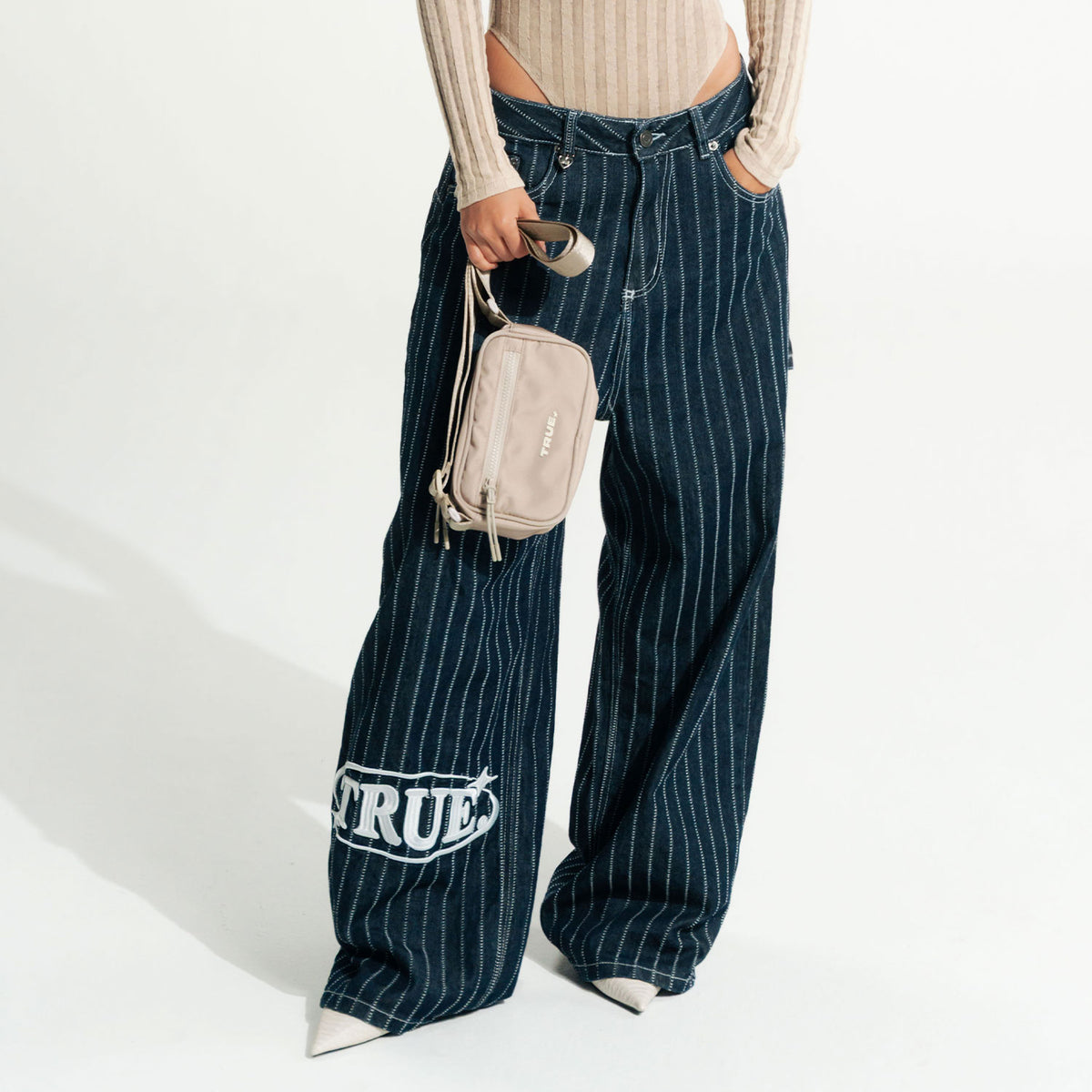 PINSTRIPE MID-RISE JEANS - BLUE