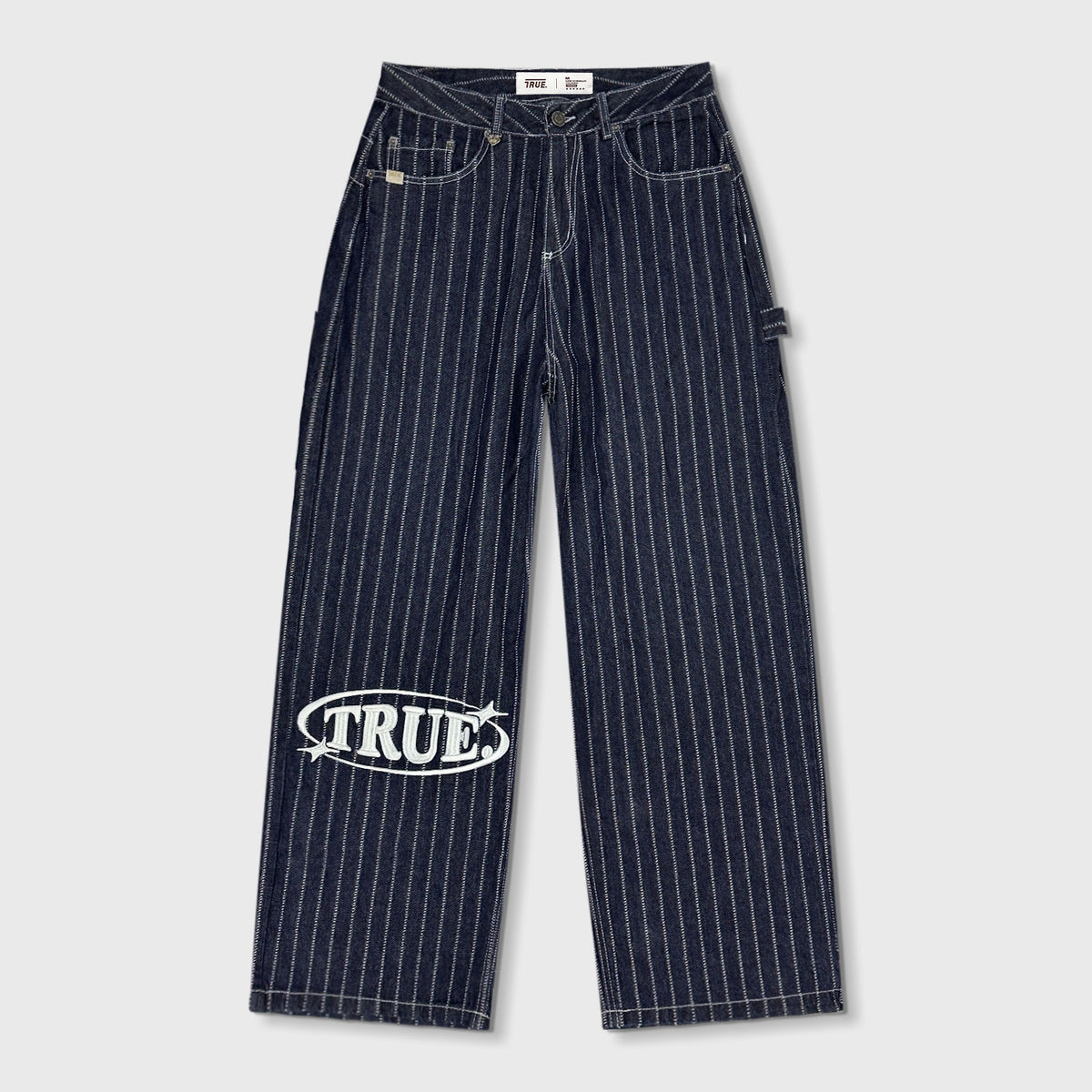 PINSTRIPE MID-RISE JEANS - BLUE