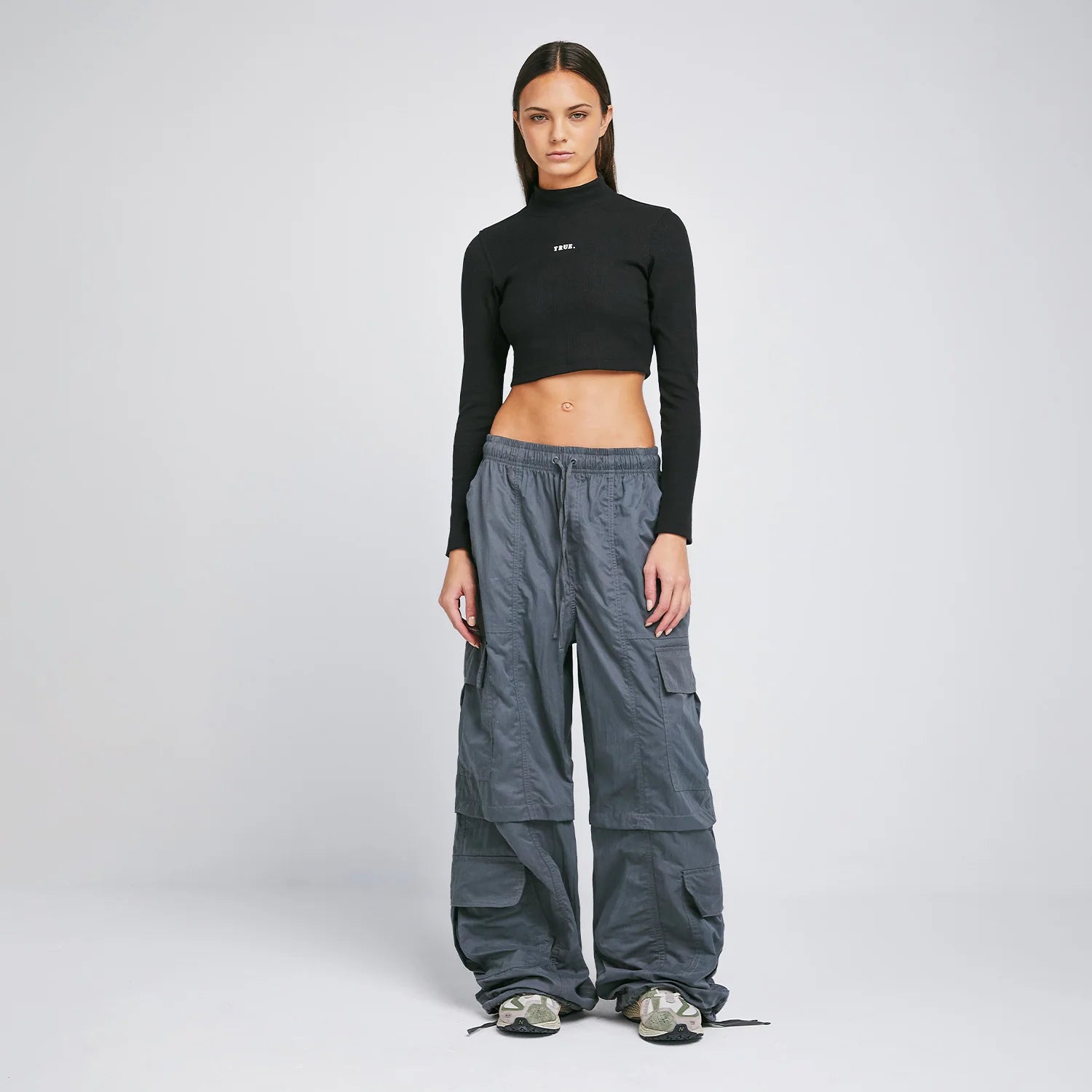 RIBBED MOCK -  NECK LS TOP - BLACK