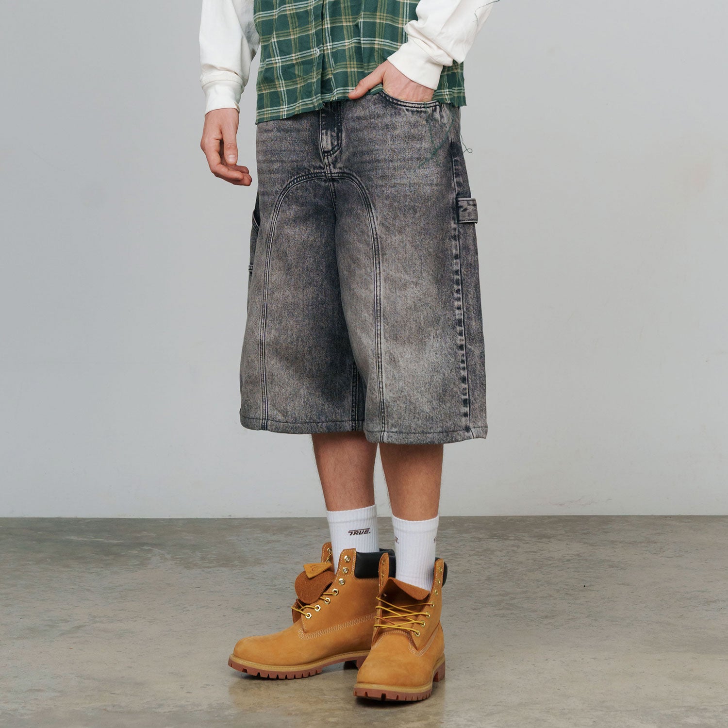 SLASHED DENIM JORTS - BLACK