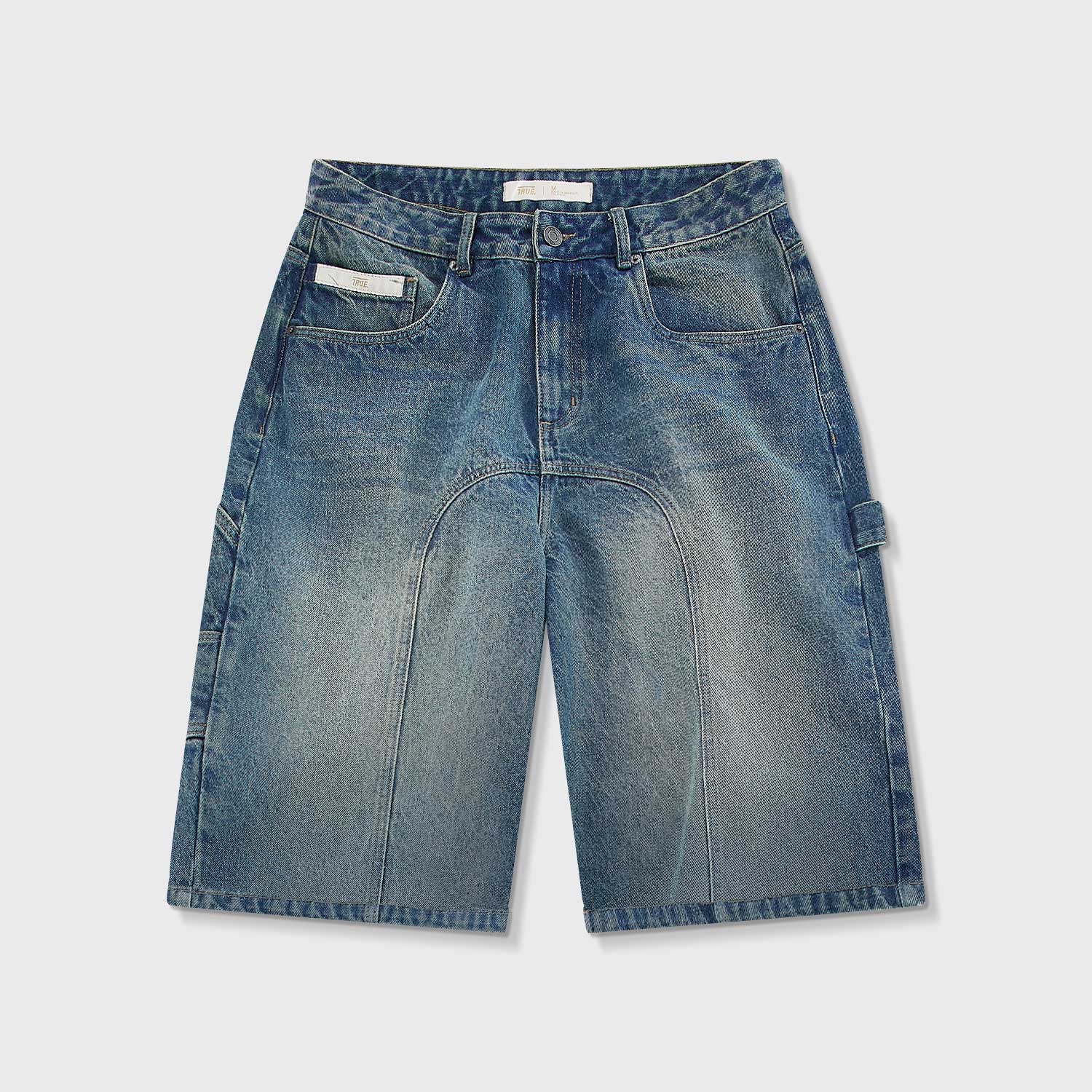 SLASHED DENIM JORTS - BLUE