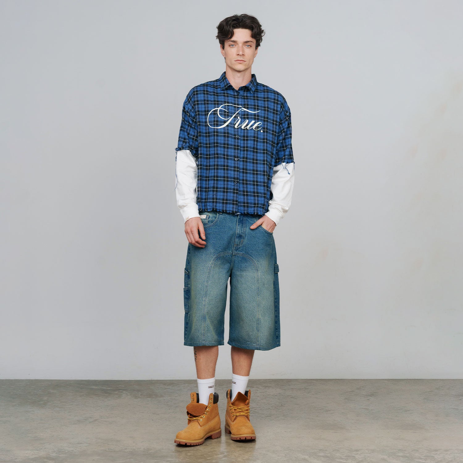 SLASHED DENIM JORTS - BLUE
