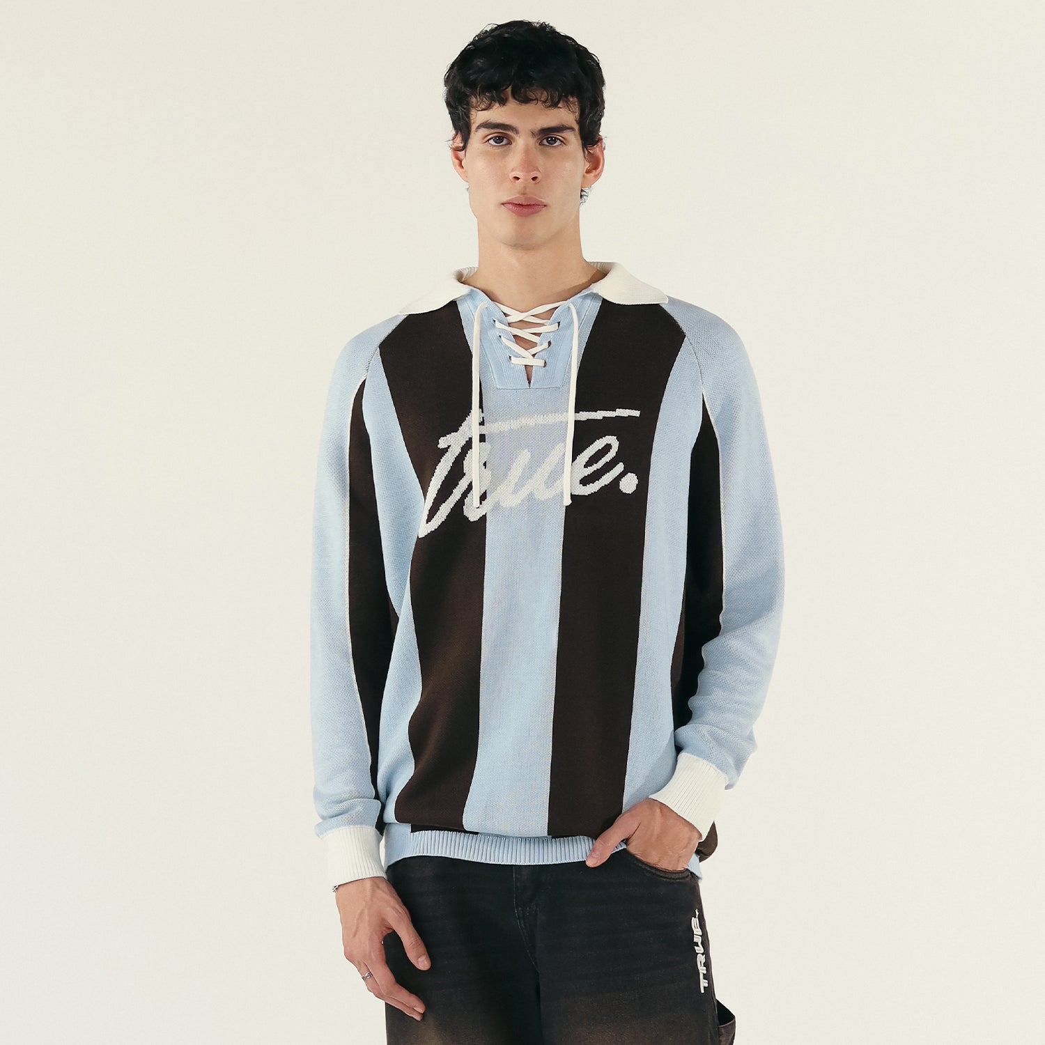 STRIPED KNIT POLO - BLUE